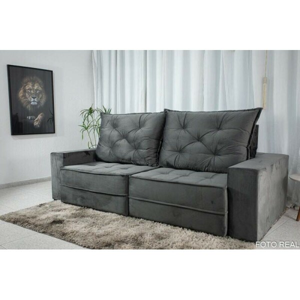 Sof Retrtil Reclinvel Berlim 2.90m Veludo Cinza 814 - D33 e Molas Ensacadas