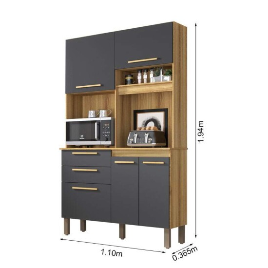 Arm�rio de Cozinha Dubai 5 Portas 2 Gavetas Larg. 1.10m Carvalho/Grafite Sall�to