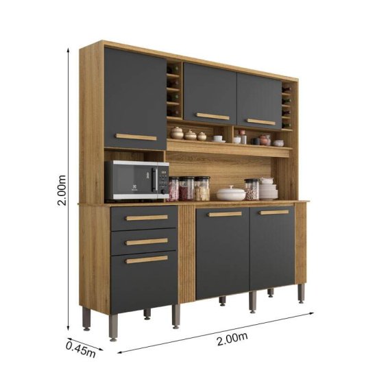 Arm�rio de Cozinha 2,00m Catar Carvalho/Grafite 6 Portas 2 Gavetas - Sall�to