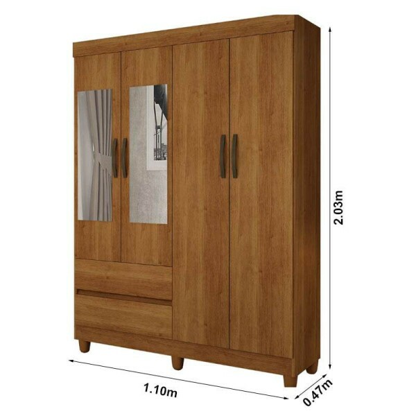 Guarda-Roupa Solteiro New Porto 4 Portas 2 Gavetas c/Espelho Cinamomo Larg. 1.10m Com Ps Sallto