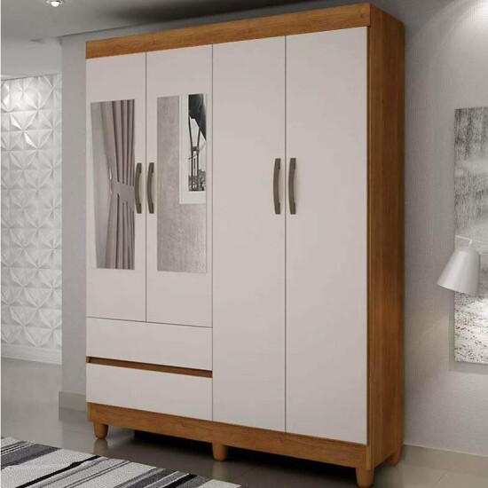 Guarda-roupa Solteiro 1,10m New Porto Cinamomo/Off 4 Portas 2 Gavetas com Espelho e P�s - Sall�to