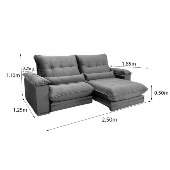 Sof Retrtil Reclinvel Ibis 2.50m Veludo Cinza 814 - D33 e Molas Ensacadas