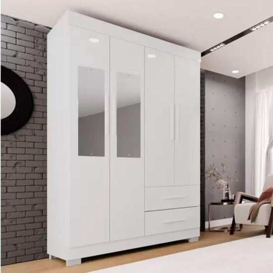 Guarda-Roupa Solteiro Verona Premium 4 Portas 2 gavetas c/Espelho Branco Larg. 1.19m Com P�s Sall�to