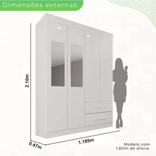 Guarda-Roupa Solteiro Verona Premium 4 Portas 2 gavetas c/Espelho Branco Larg. 1.19m Com P�s Sall�to