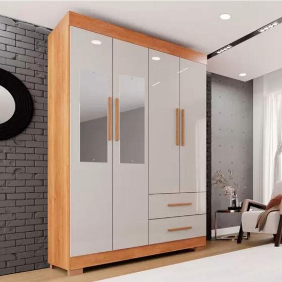 Guarda-roupa Solteiro 1,19m Verona Premium Cinamomo/Off 4 Portas 2 Gavetas com Espelho e P�s - Sall�to