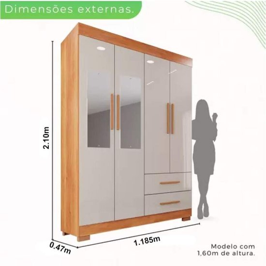 Guarda-roupa Solteiro 1,19m Verona Premium Cinamomo/Off 4 Portas 2 Gavetas com Espelho e P�s - Sall�to