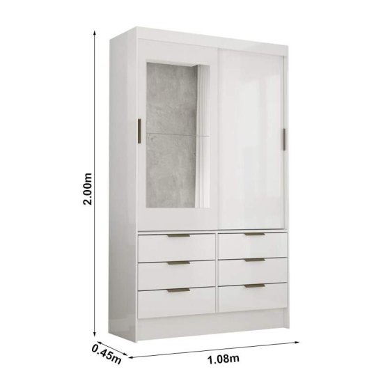 Guarda-roupa Solteiro 1,08m Sevilha Branco 2 Portas 6 Gavetas com 1 Espelho - Carioca