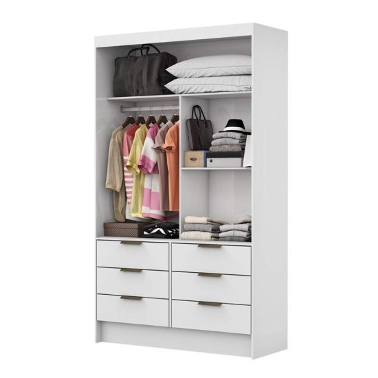 Guarda-roupa Solteiro 1,08m Sevilha Branco 2 Portas 6 Gavetas com 1 Espelho - Carioca