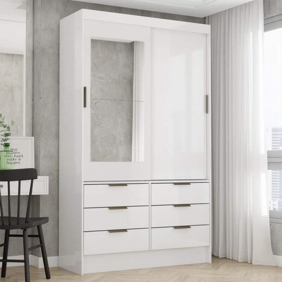Guarda-roupa Solteiro 1,08m Sevilha Branco 2 Portas 6 Gavetas com 1 Espelho - Carioca