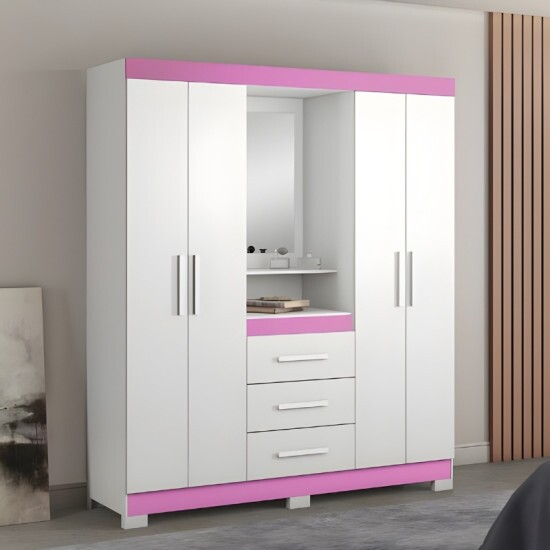 Roupeiro Solteiro NT 5015 Larg. 1.61m Branco/Rosa 4 portas 3 Gavetas Flex C/P�s - Not�vel