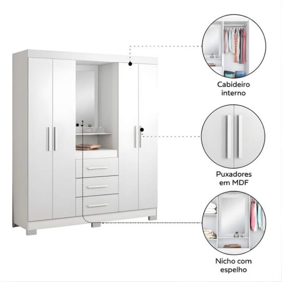 Roupeiro Solteiro NT 5015 Larg. 1.61m Branco/Rosa 4 portas 3 Gavetas Flex C/P�s - Not�vel