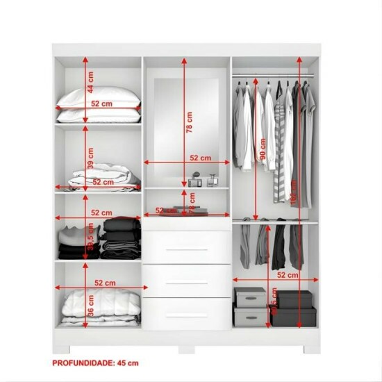 Roupeiro Solteiro NT 5015 Larg. 1.61m Branco/Rosa 4 portas 3 Gavetas Flex C/P�s - Not�vel