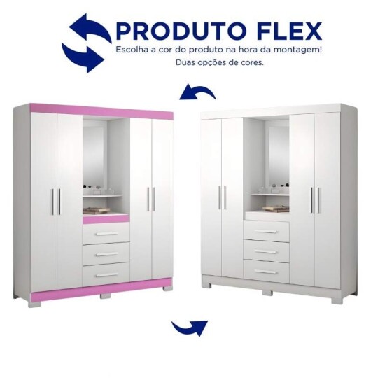 Roupeiro Solteiro NT 5015 Larg. 1.61m Branco/Rosa 4 portas 3 Gavetas Flex C/P�s - Not�vel