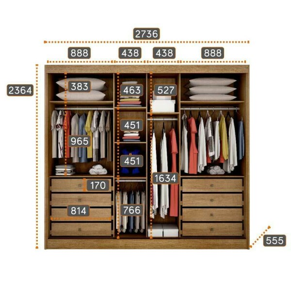Guarda-Roupa Casal 3 Pts 8 Gav. Divano c/ Espelho MDF Cumaru 23 Larg. 2.73m Novo Horizonte