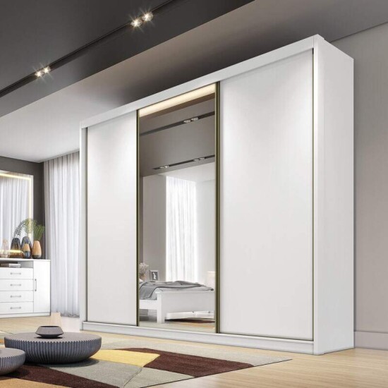 Guarda-roupa Casal Diamond Plus Neve Fosco 3 Portas 8 Gavetas C/ 1 Espelho 100% MDF Larg. 2.41m - Novo Horizonte
