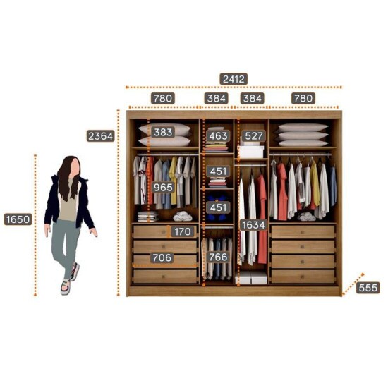 Roupeiro Casal Diamond Plus Cumaru/Fendi Fosco 3 Portas 8 Gavetas