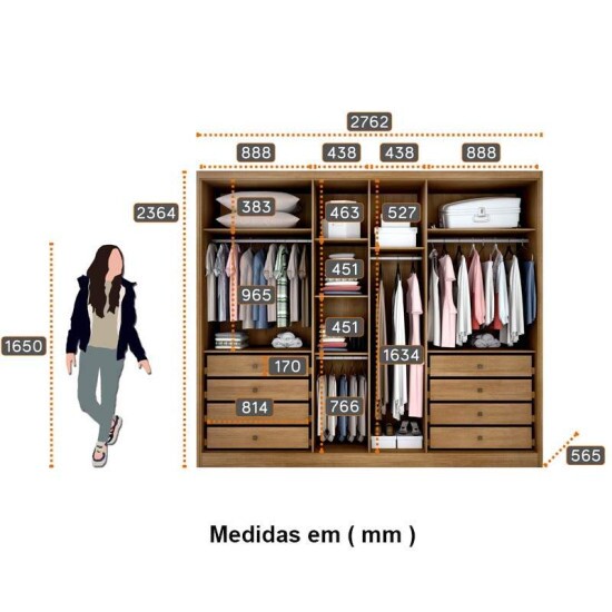 Guarda-Roupa Casal c/Espelho 6 Pts 8 Gav. Robust Plus MDF Cumaru Larg. 2.76m Novo Horizonte