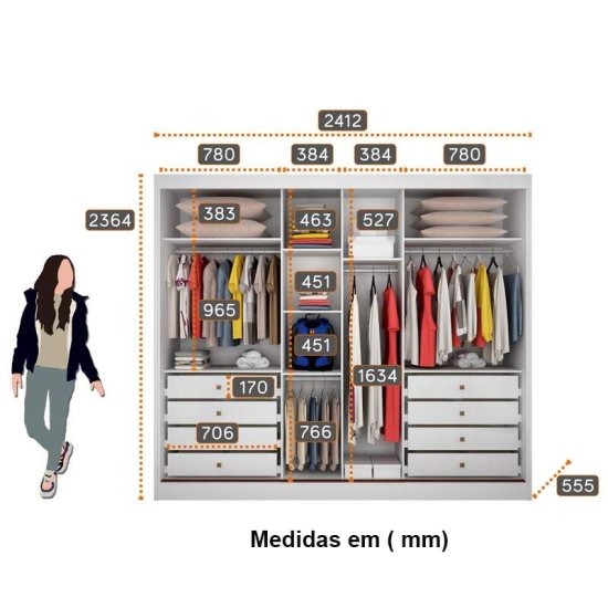 Guarda-roupa Casal 2,41m Diamond Plus Branco 3 Portas com Espelhos 8 Gavetas 100% MDF - Novo Horizonte