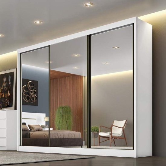 Guarda-roupa Casal 2,41m Diamond Plus Branco 3 Portas com Espelhos 8 Gavetas 100% MDF - Novo Horizonte