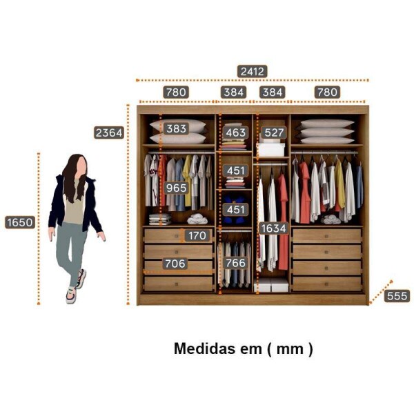 Guarda-Roupa Casal 3 Pts 8 Gav. Espelhadas Diamond Plus MDF Cumaru Larg. 2.41m Novo Horizonte