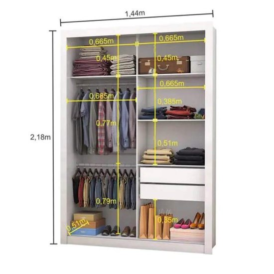 Guarda-roupa Solteiro 1,44m It�lia Freij� 2 Portas 2 Gavetas com Espelho - Carioca