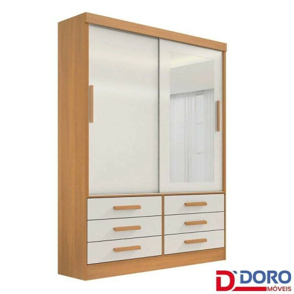 Roupeiro Solteiro Merdian Cinamomo/Off 2 portas c/ 1 Espelho 6 Gavetas Larg. 1.35m - D Doro