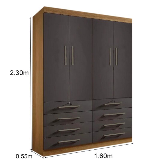 Guarda-roupa Solteiro 1,60m M�naco Cinamomo/Grafite 4 Portas 8 Gavetas 100% MDF - D Doro