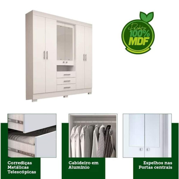 Roupeiro Dbora c/Espelho 6 Portas 3 Gavetas 100% MDF Larg. 1.78m Branco ACP