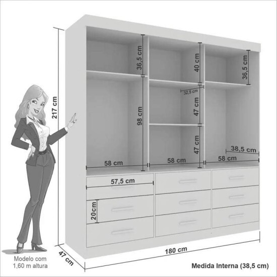 Guarda-roupa Casal New Star Cinamomo/Off 3 Portas 9 Gavetas C/ 1 Espelho Larg. 1.80m - Sallto