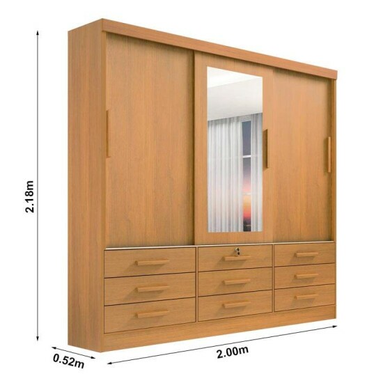 Guarda-roupa Casal Meridian Plus Cinamomo 3 Portas 9 Gavetas C/ 1 Espelho Larg. 2.00m - D Doro