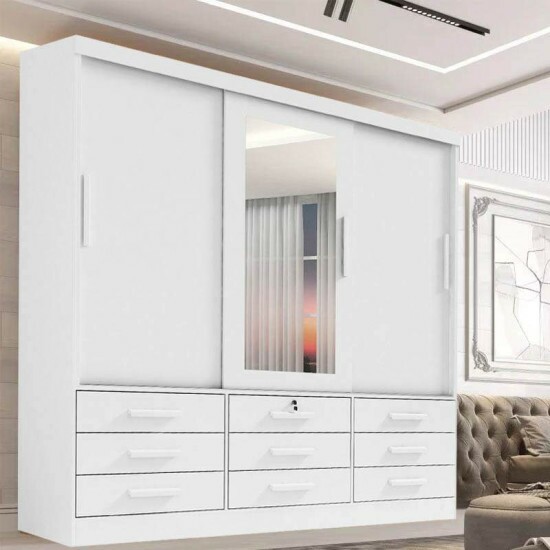 Guarda-roupa Casal Meridian Plus Branco 3 Portas 9 Gavetas C/ 1 Espelho Larg. 2.00m - D Doro