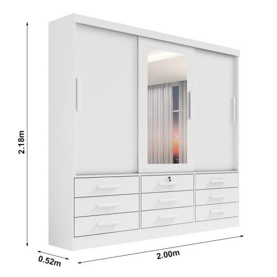 Guarda-roupa Casal Meridian Plus Branco 3 Portas 9 Gavetas C/ 1 Espelho Larg. 2.00m - D Doro