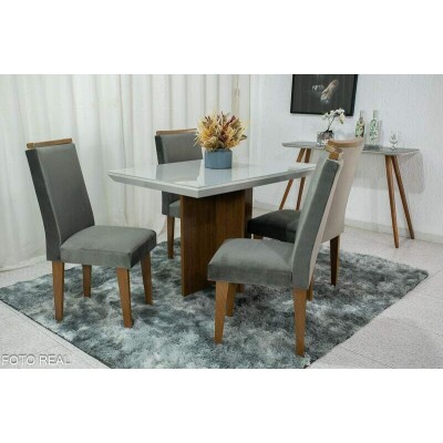 Mesa de Jantar Berlim Imbuia Tampo MDF e Vidro off 12080 com 4 Cadeiras Veludo Grafite Rufato