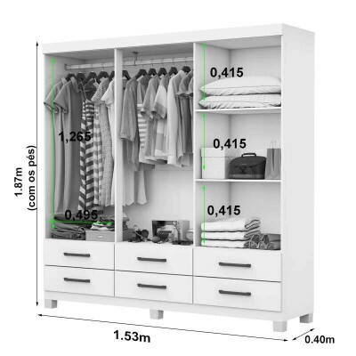 Guarda-Roupa Solteiro Dallas Larg. 1.53m 6 Portas 6 Gavetas Freij/Branco Com Ps Carioca