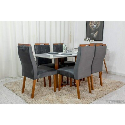 Mesa de Jantar Pedro Mel Vidro Off 16080 6 Cadeiras Lisboa Veludo Cinza 507 Madeira Macia Art Assento - Entregue Montada