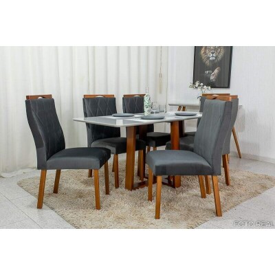 Mesa de Jantar Pedro Mel Vidro Off 16080 6 Cadeiras Lisboa Veludo Cinza 507 Madeira Macia Art Assento - Entregue Montada