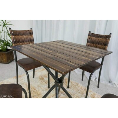 Mesa de Cozinha Valena Base Ipanema Tampo Madeira 75X75 com 4 Cadeiras Ferro Martelado