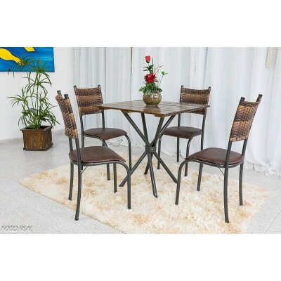 Mesa de Cozinha Valena Base Ipanema Tampo Madeira 75X75 com 4 Cadeiras Ferro Martelado
