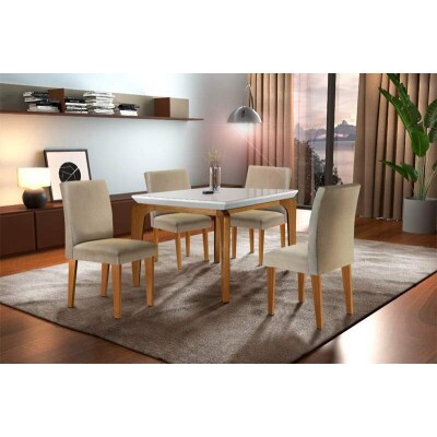 Mesa de Jantar Londrina Tampo Off 12080 4 Cadeiras Luxo Linho Bege 07 Rufato