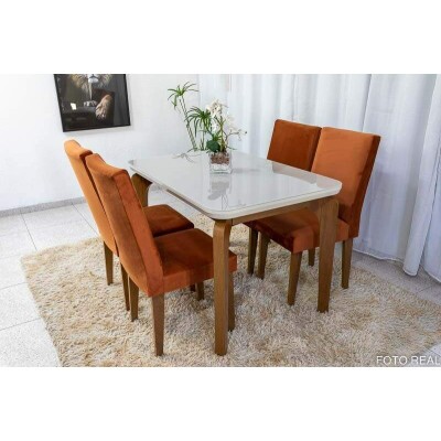 Mesa Jantar Londrina Imbuia Tampo Cop Off 12080 4 Cadeiras Luxo Veludo Cobre Rufato