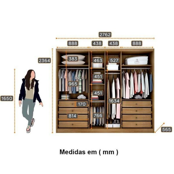 Roupeiro Casal Robust Plus Cumaru/Fendi Fosco 6 Portas 8 Gavetas 100% MDF Larg. 2.76m - Novo Horizonte