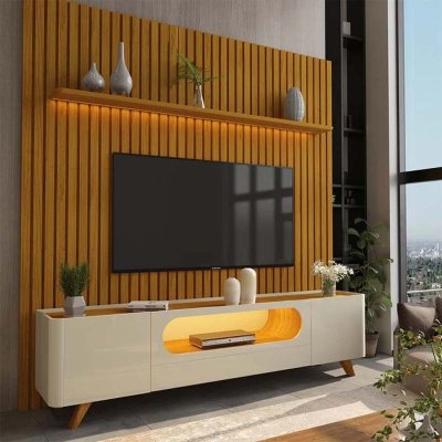 Rack Nobre 2.10m Off/Naturale + Painel Nobre 2.30m Naturale Ripado C/ Led 100% MDF TV at� 85 - Gelius