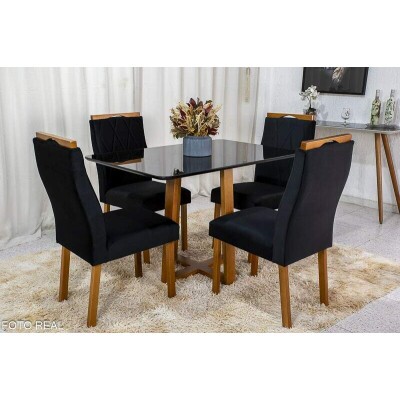 Mesa de Jantar Pedro Mel Vidro Preto 12080 4 Cadeiras Lisboa Veludo Preto 504 Madeira Macia Art Assento - Entregue Montada