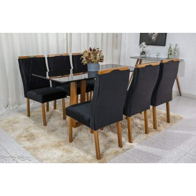 Mesa de Jantar Pedro Mel Vidro Preto 160�80 6 Cadeiras Lisboa Veludo Preto 504 Madeira Maci�a Art Assento - Entregue Montada