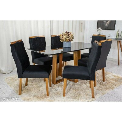 Mesa de Jantar Pedro Mel Vidro Preto 160�80 6 Cadeiras Lisboa Veludo Preto 504 Madeira Maci�a Art Assento - Entregue Montada