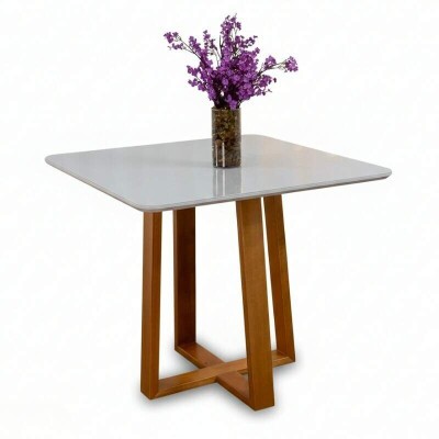 Mesa de Jantar Pedro 90x90 Vidro Off/Base Madeira Art Assento - Entregue Montada