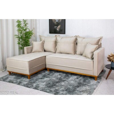 Sof 3 Lug. Milo C/Chaise Lado Direito Veludo Bege 818 Larg. 2.30m - Molas Ensacadas