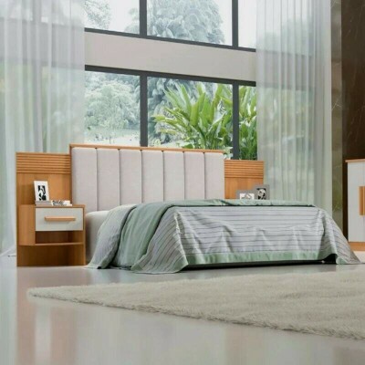 Cabeceira Casal 1,40m �ris Cinamomo/Off Larg. 1.40m Acolchoada Linho Bege e Detalhe Ripado - D Doro