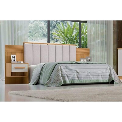 Cabeceira Casal ris Cinamomo/Off Larg. 1.40m Acolchoada Linho Bege e Detalhe Ripado - D Doro