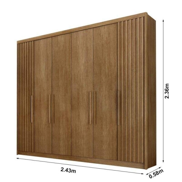 Guarda-Roupa Casal Santoro 6 Portas C/Detalhe Ripado 100% MDF Larg. 2.43m Cumaru - Novo Horizonte